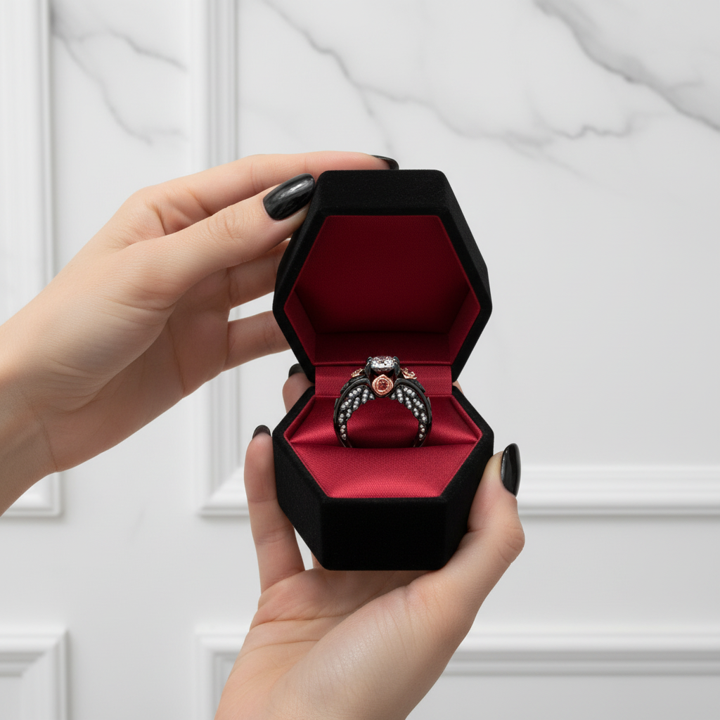 I Want You Promise Ring- 1.5 ct Round Cut Diamond Option and Black Roses Gothic Ring-Black Diamonds New York