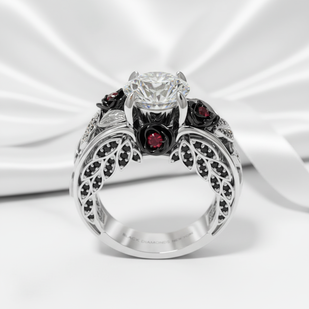 I Want You Promise Ring- 1.5 ct Round Cut Diamond Option and Black Roses Gothic Ring-Black Diamonds New York