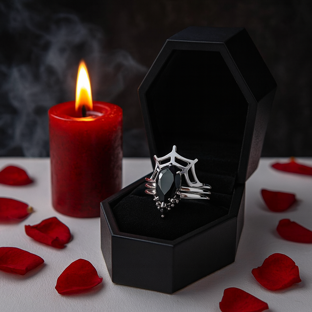 I Got You- 3pc Black Pear Cut Diamond Spider Web Promise Ring-Black Diamonds New York