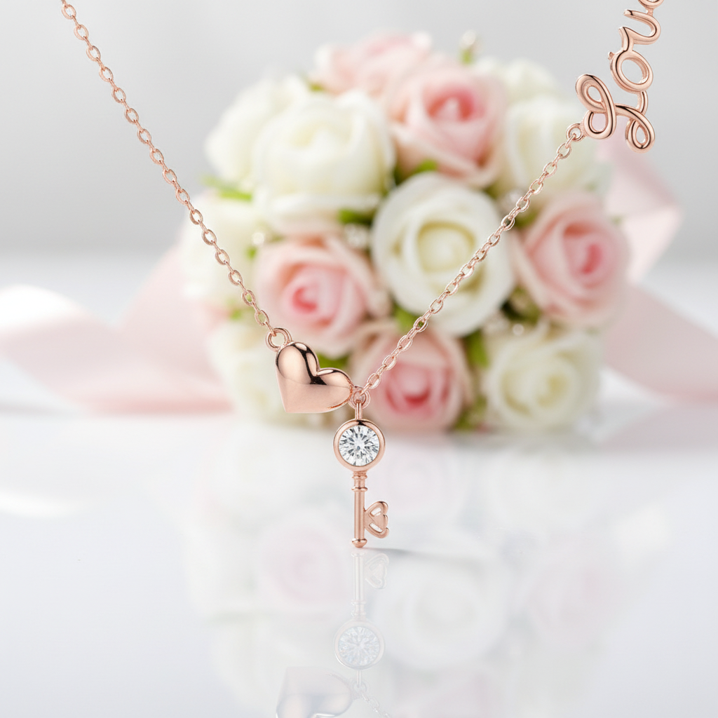 Key of Heart Rose Gold Necklace with Diamond-Black Diamonds New York