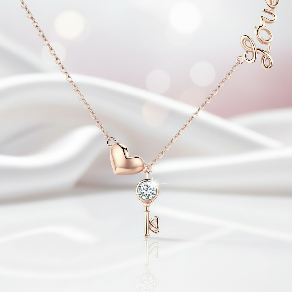 Key of Heart Rose Gold Necklace with Diamond Option-Black Diamonds New York