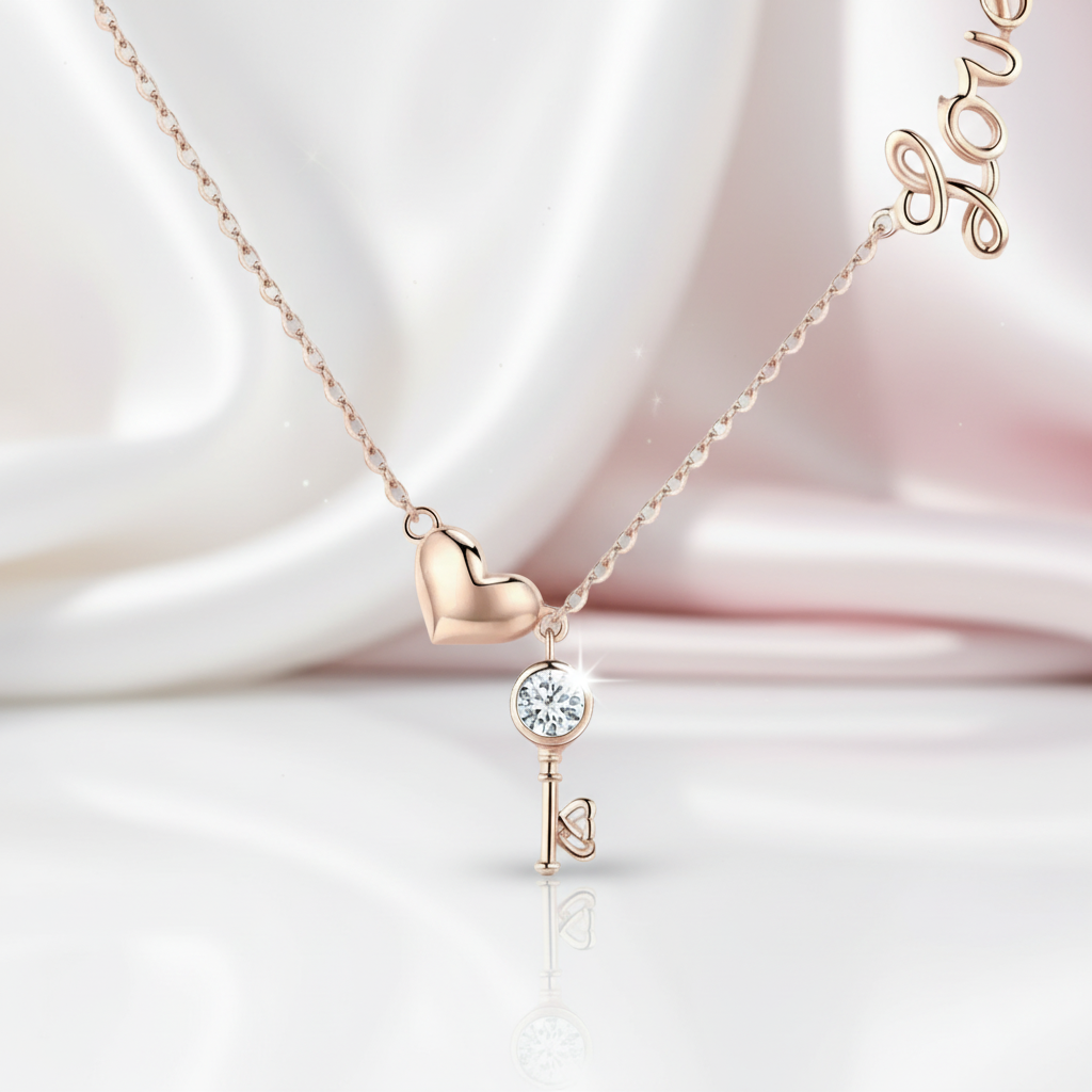 Key of Heart Rose Gold Necklace with Diamond Option-Black Diamonds New York