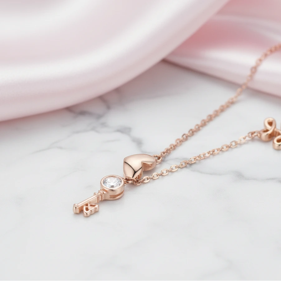 Key of Heart Rose Gold Necklace with Diamond Option-Black Diamonds New York