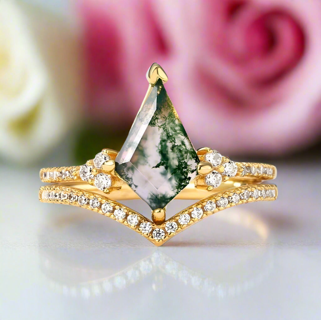 Kite Shaped Natural Moss Agate Promise Ring Set-Black Diamonds New York