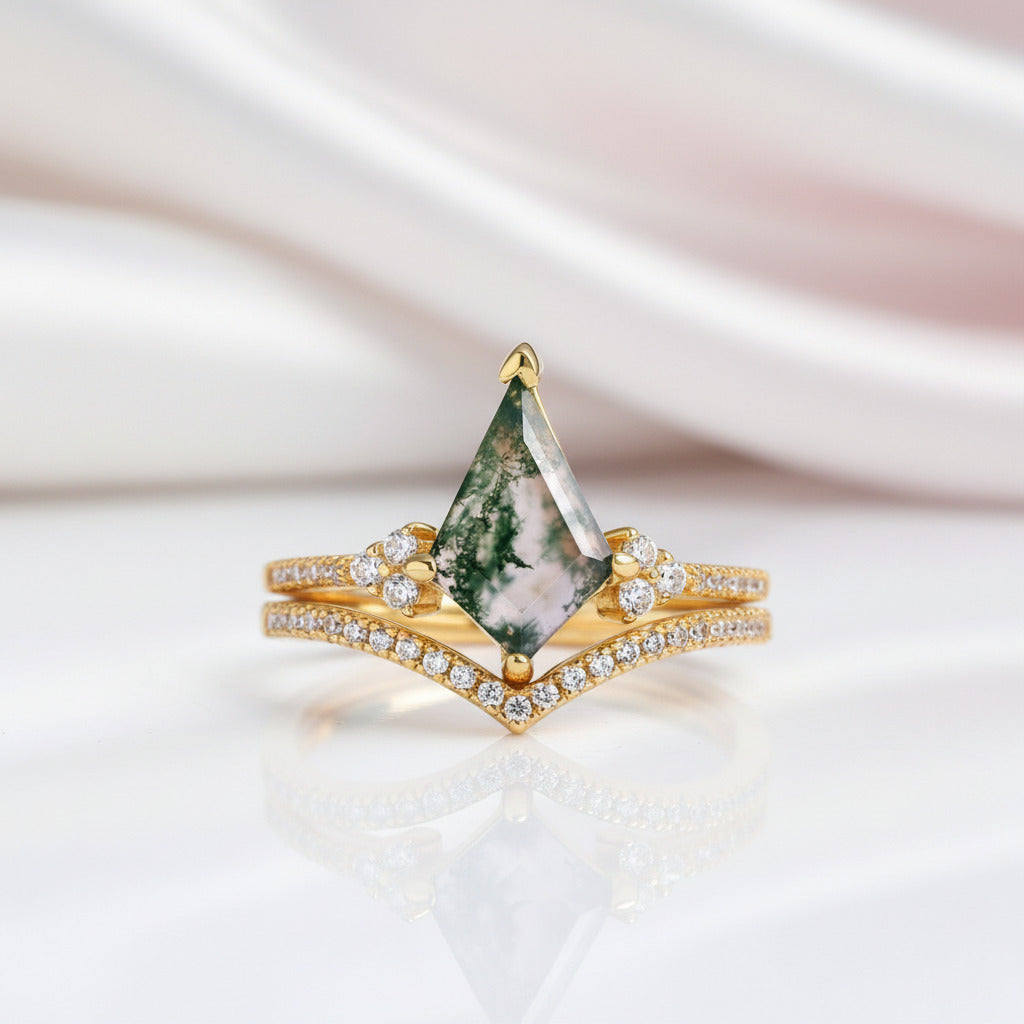 Kite Shaped Natural Moss Agate Promise Ring Set-Black Diamonds New York