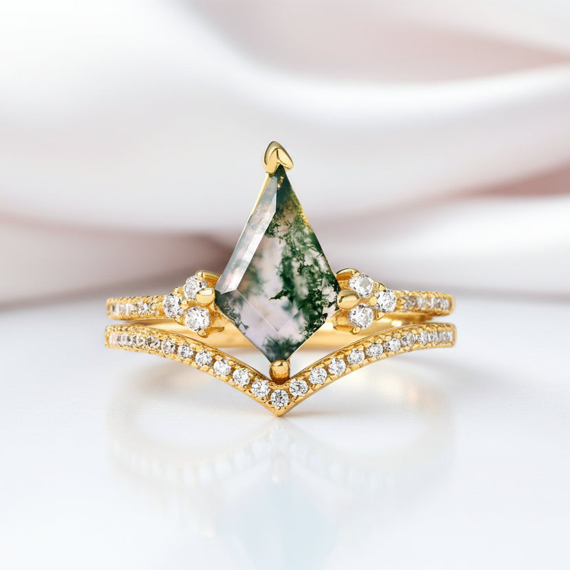 Kite Shaped Natural Moss Agate Promise Ring Set-Black Diamonds New York