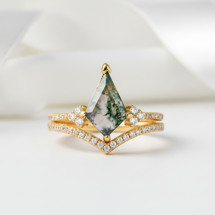 Kite Shaped Natural Moss Agate Promise Ring Set-Black Diamonds New York