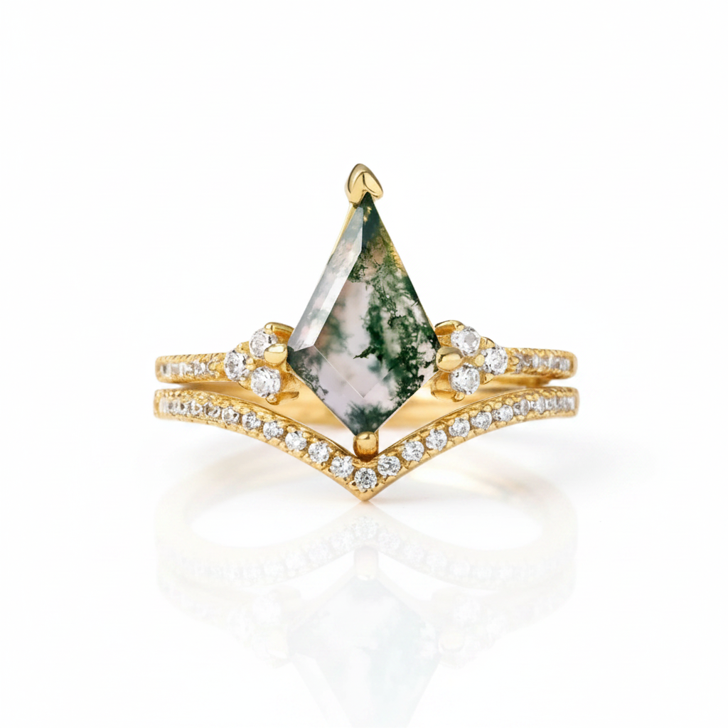 Kite Shaped Natural Moss Agate Promise Ring Set-Black Diamonds New York