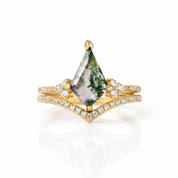 Kite Shaped Natural Moss Agate Promise Ring Set-Black Diamonds New York