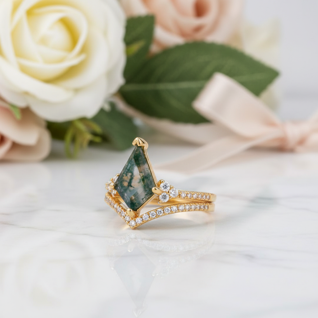 Kite Shaped Natural Moss Agate Promise Ring Set-Black Diamonds New York