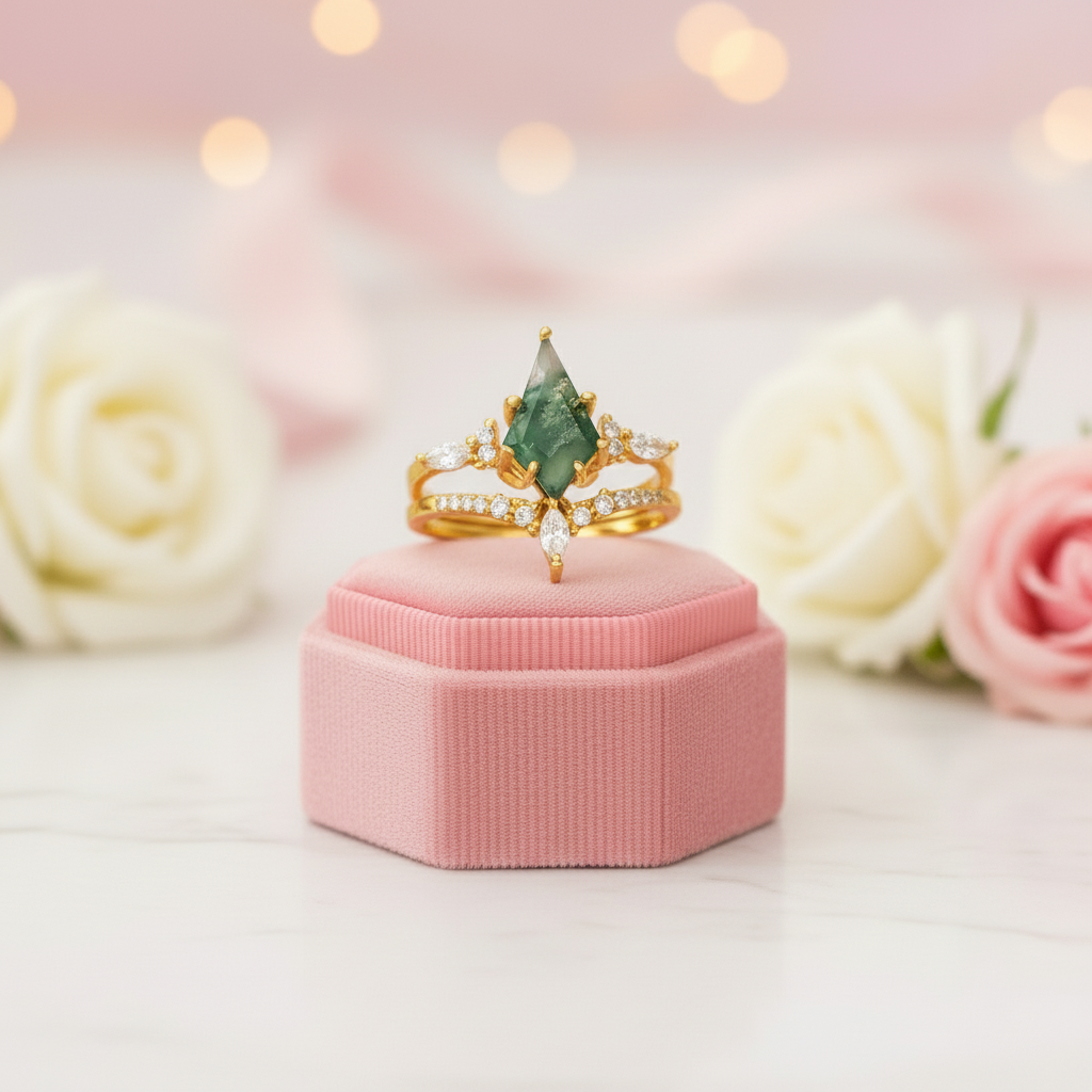 Kite Shaped Green Moss Agate Engagement Ring Set-Black Diamonds New York