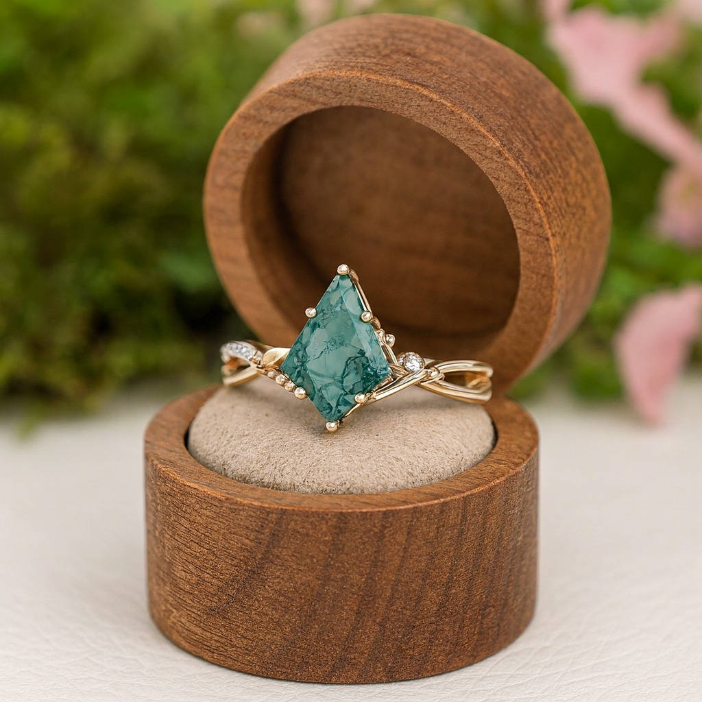 Kite Shaped Moss Green Agate Twisted Engagement Ring-Black Diamonds New York
