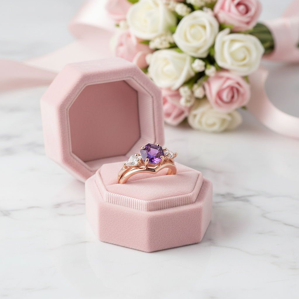 Lab Alexandrite Hexagon Wedding Ring Set-Black Diamonds New York