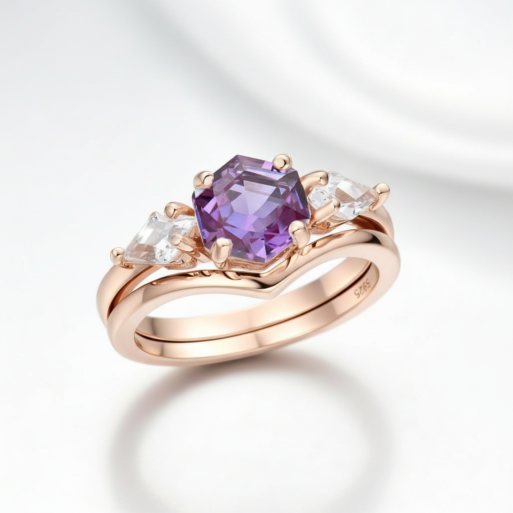 Lab Alexandrite Hexagon Wedding Ring Set-Black Diamonds New York
