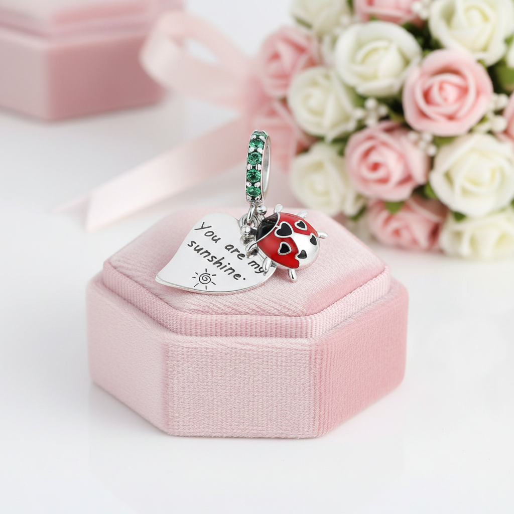 Lady Bug & Heart Red Charms Beads-Black Diamonds New York
