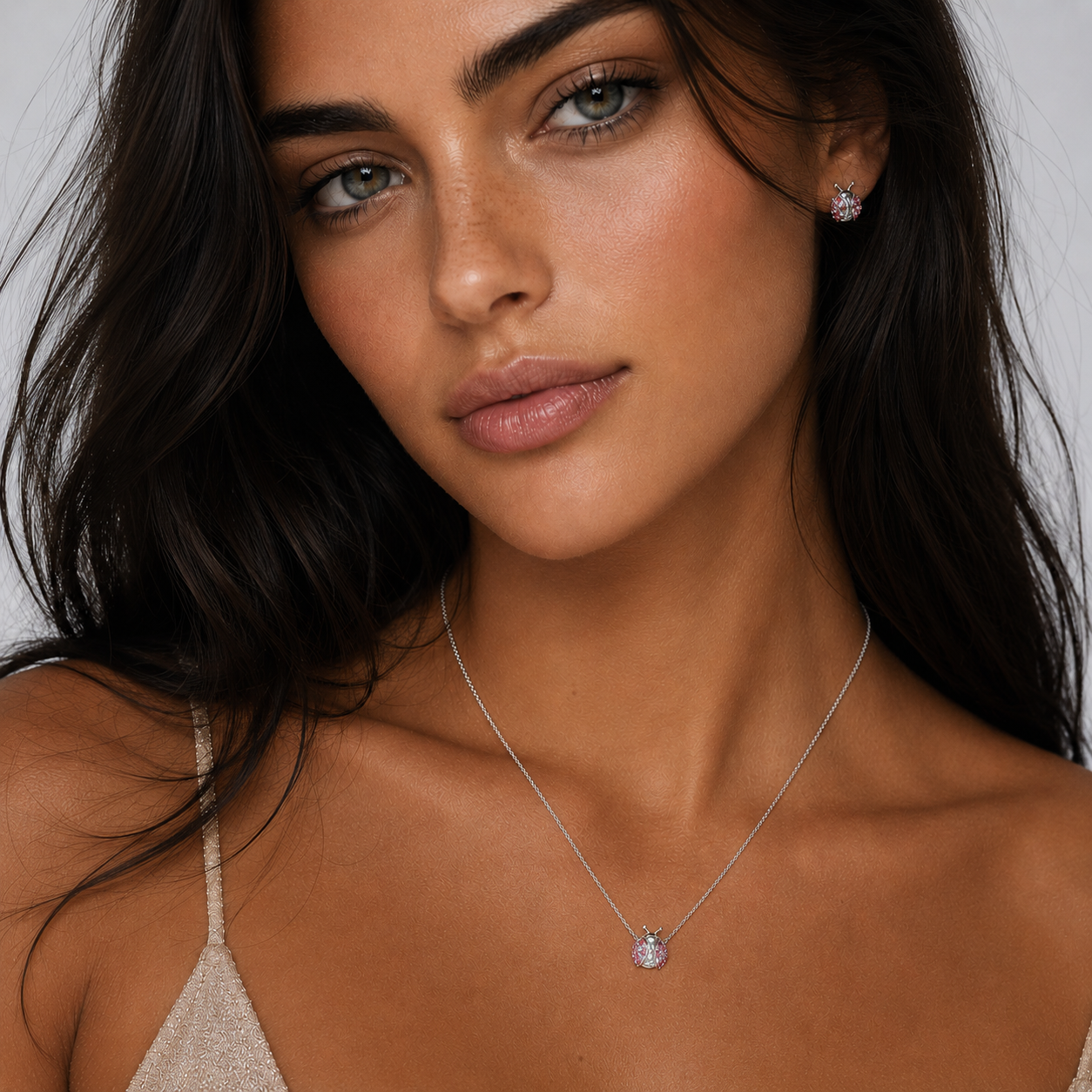 Pink Ladybug Necklace & Earrings Set-Black Diamonds New York