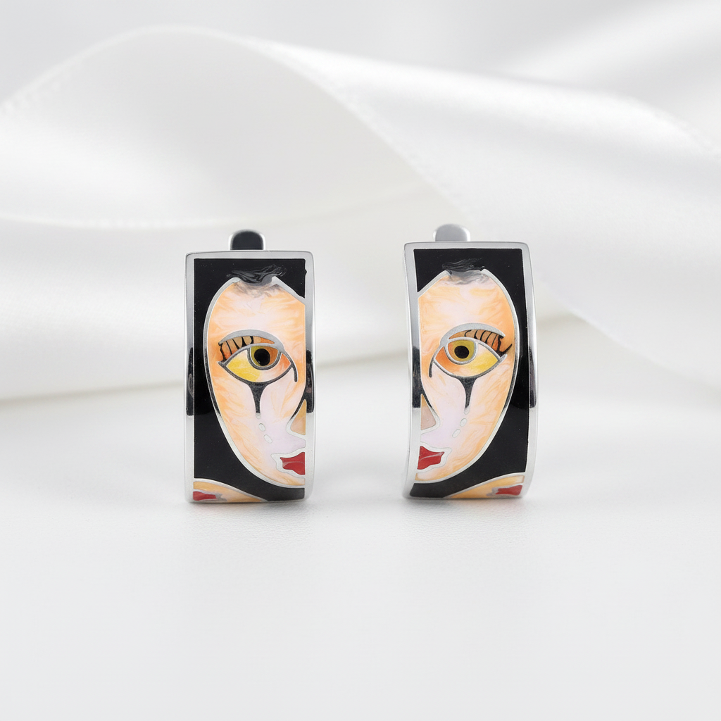 Lady's Face Enamel Earrings-Black Diamonds New York