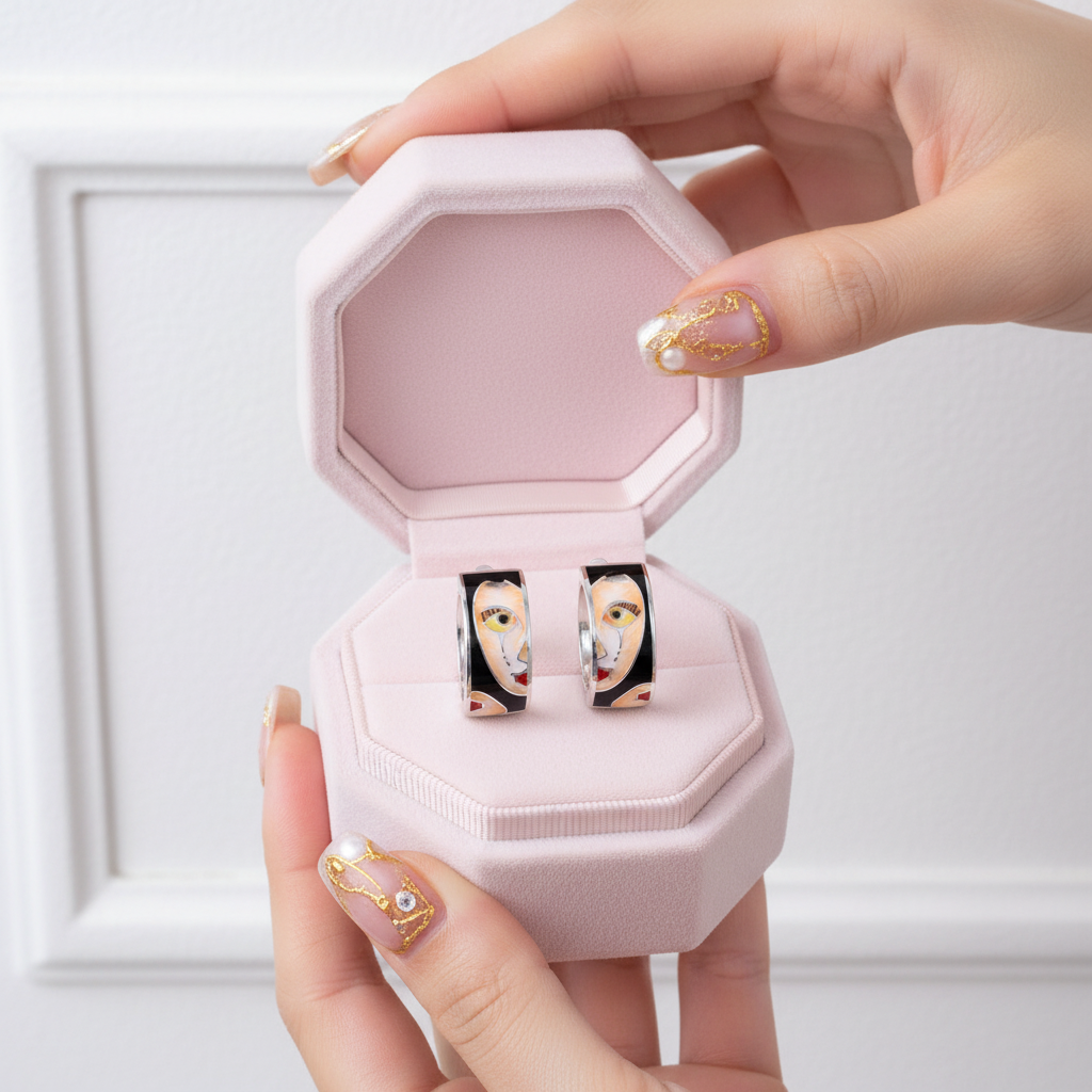 Lady's Face Enamel Earrings-Black Diamonds New York