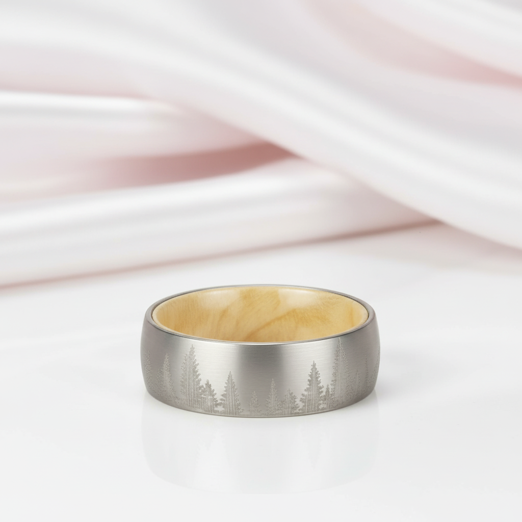 Laser Forest Pattern 8mm Tungsten Steel With Solid Inner Wood Band-Black Diamonds New York