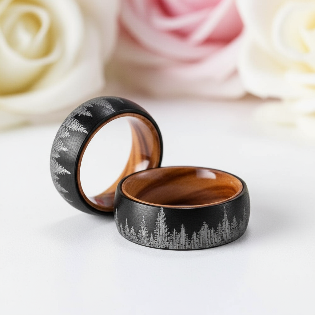Laser Forest Pattern 8mm Tungsten Steel With Solid Inner Wood Band-Black Diamonds New York