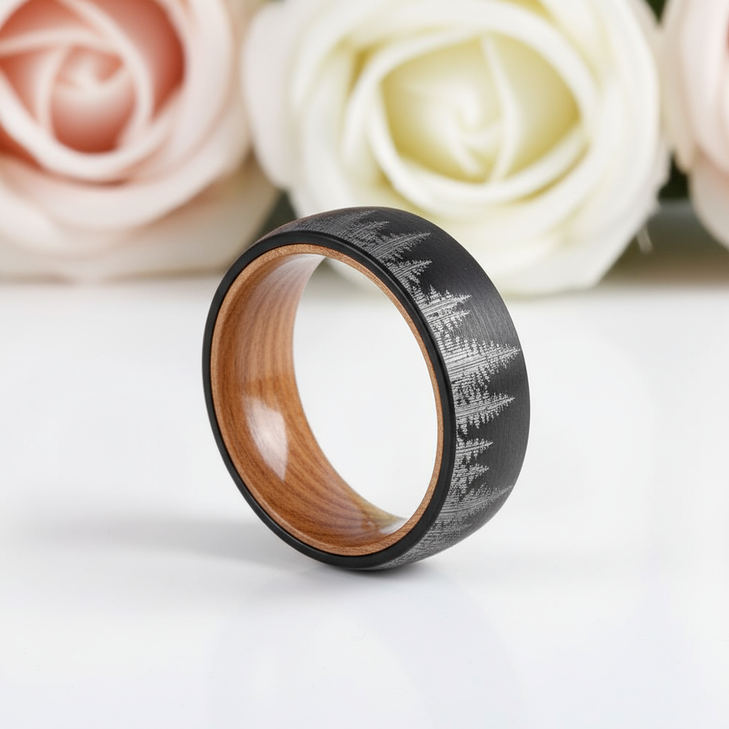 Laser Forest Pattern 8mm Tungsten Steel With Solid Inner Wood Band-Black Diamonds New York