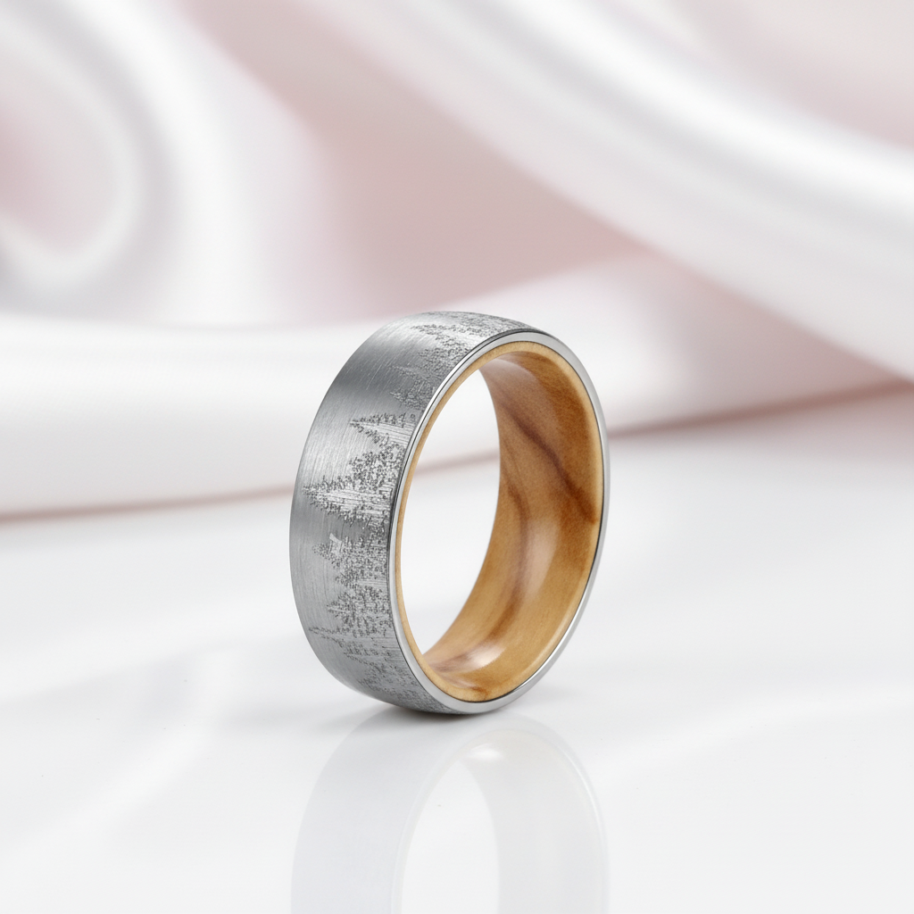 Laser Forest Pattern 8mm Tungsten Steel With Solid Inner Wood Band-Black Diamonds New York