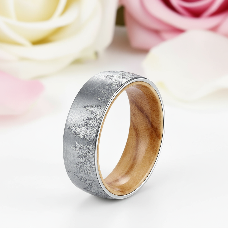 Laser Forest Pattern 8mm Tungsten Steel With Solid Inner Wood Band-Black Diamonds New York