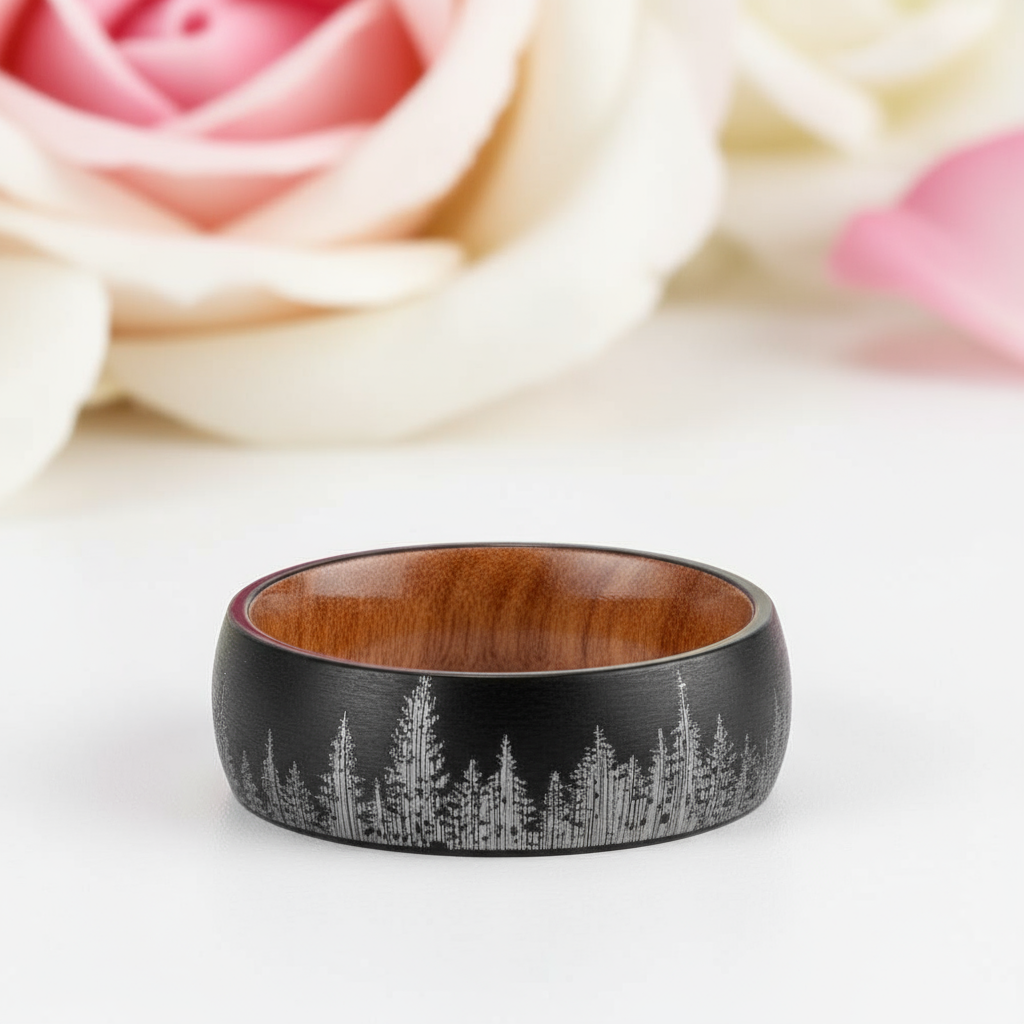 Laser Forest Pattern 8mm Tungsten Steel With Solid Inner Wood Band-Black Diamonds New York