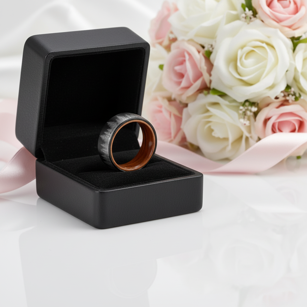 Laser Forest Pattern 8mm Tungsten Steel With Solid Inner Wood Band-Black Diamonds New York