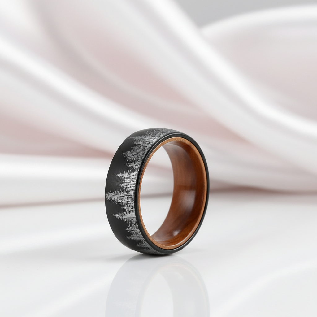 Laser Forest Pattern 8mm Tungsten Steel With Solid Inner Wood Band-Black Diamonds New York