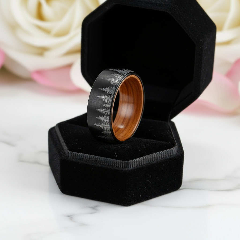 Laser Forest Pattern 8mm Tungsten Steel With Solid Inner Wood Band-Black Diamonds New York