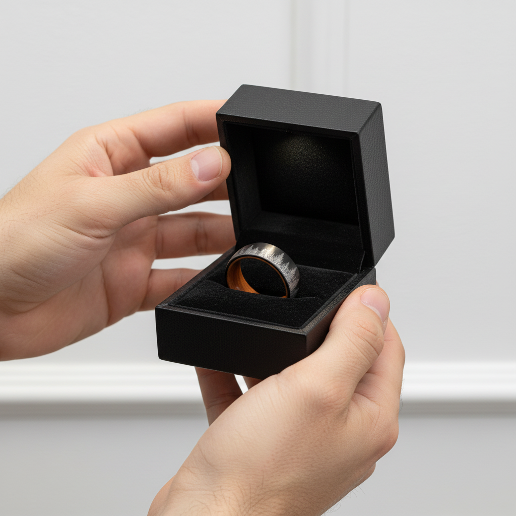 Laser Forest Pattern 8mm Tungsten Steel With Solid Inner Wood Band-Black Diamonds New York
