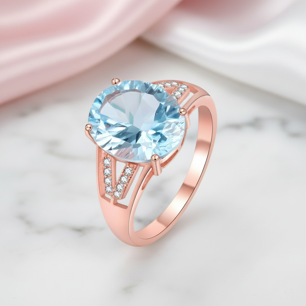 Light Blue Topaz Stone Ring-Black Diamonds New York