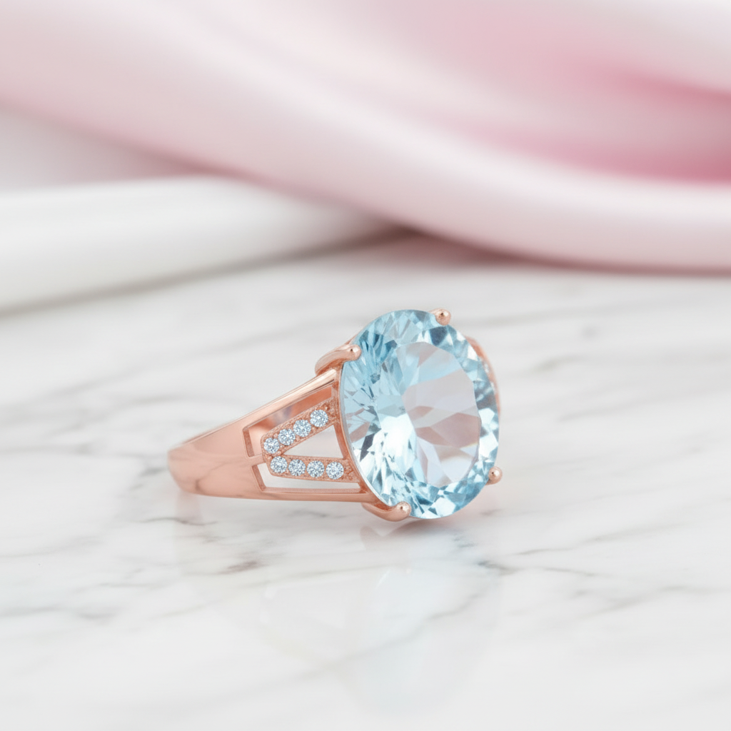 Light Blue Topaz Stone Ring-Black Diamonds New York