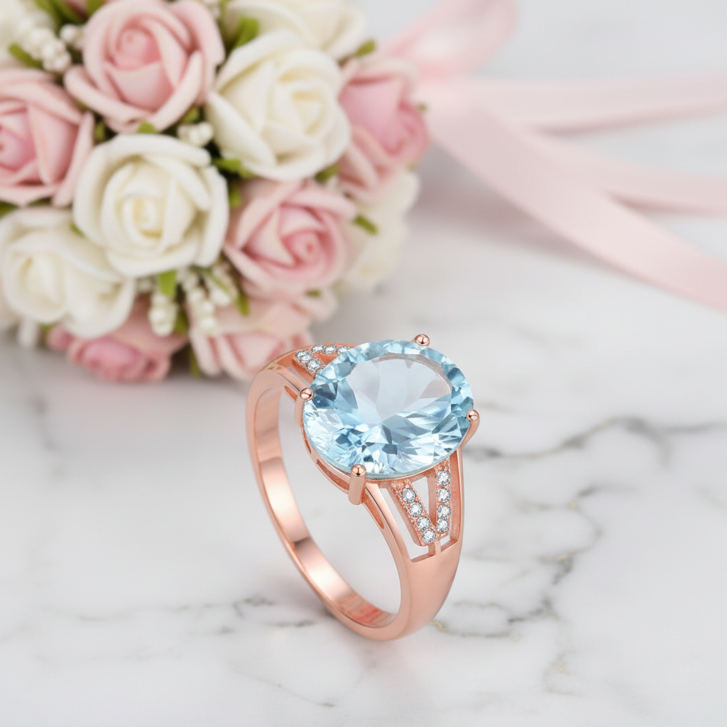 Light Blue Topaz Stone Ring-Black Diamonds New York