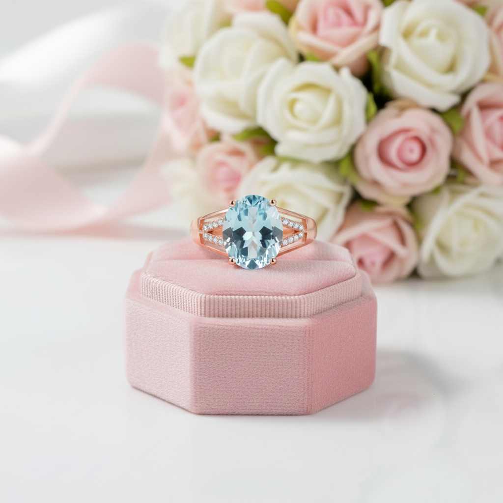 Light Blue Topaz Stone Ring-Black Diamonds New York