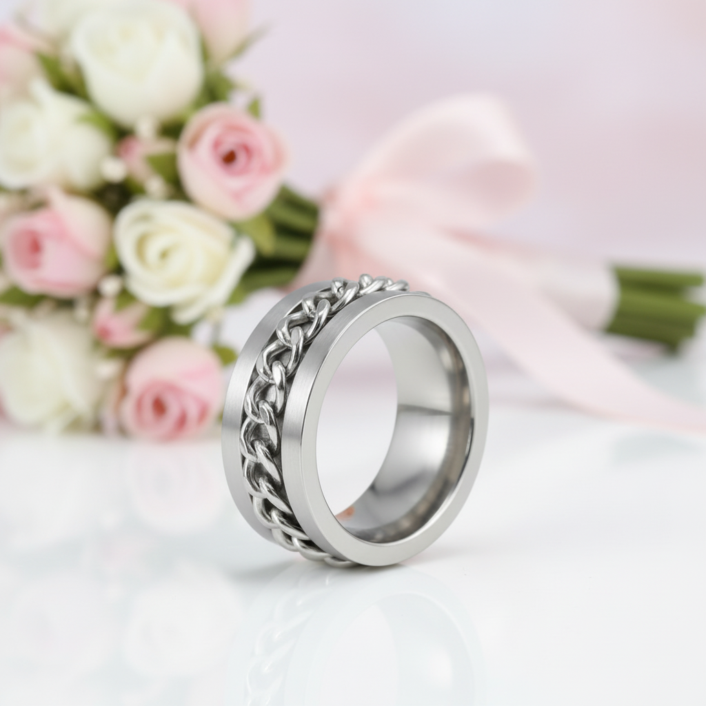 Link Chain Stainless Steel Men's Ring-Black Diamonds New York