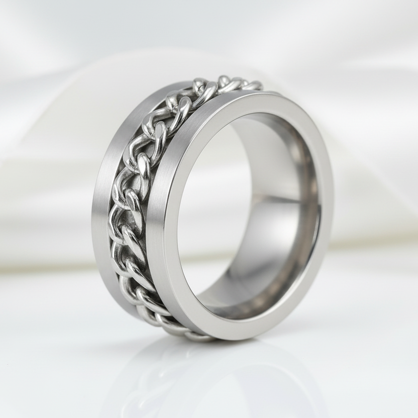 Link Chain Stainless Steel Men's Ring-Black Diamonds New York
