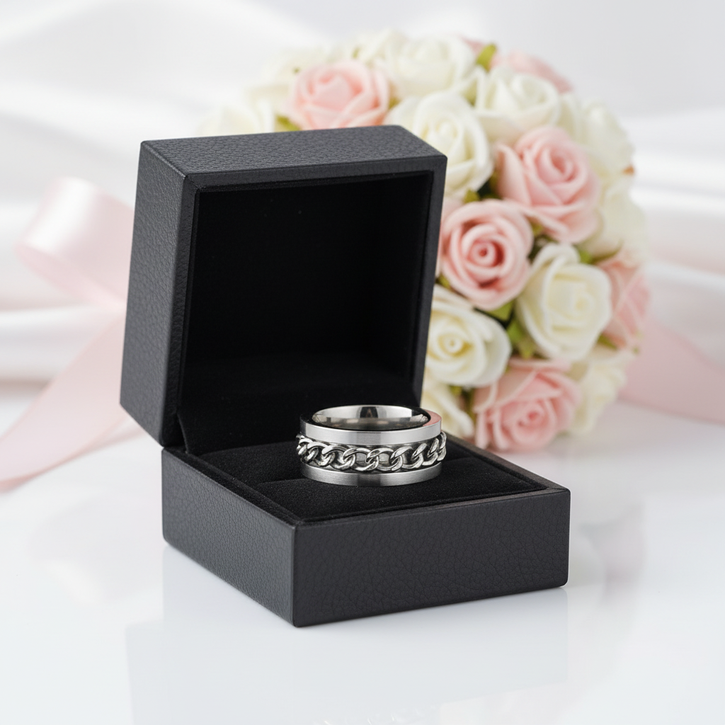Link Chain Stainless Steel Men's Ring-Black Diamonds New York