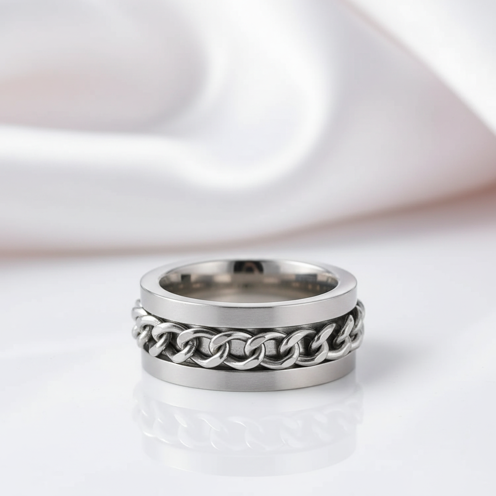 Link Chain Stainless Steel Men's Ring-Black Diamonds New York