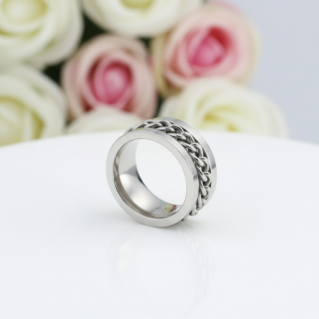 Link Chain Stainless Steel Men's Ring-Black Diamonds New York