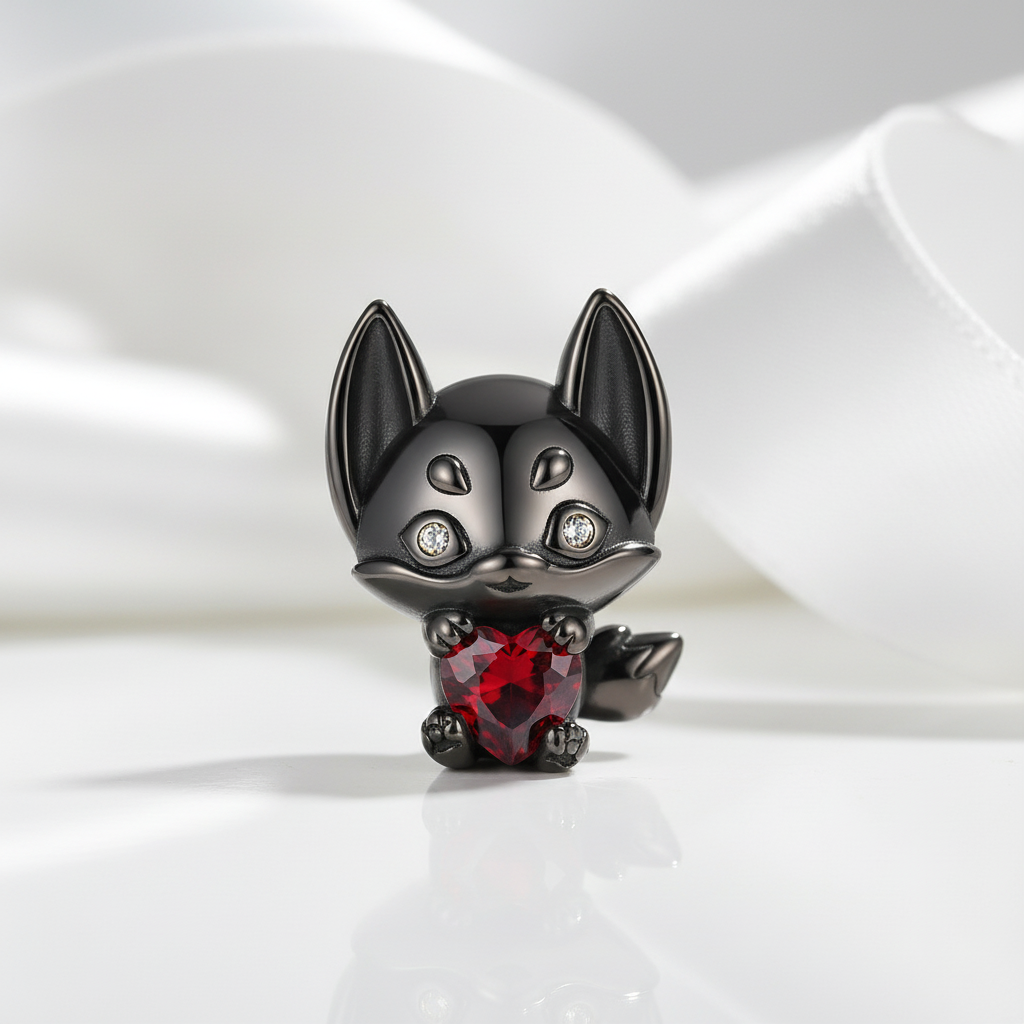 Little Black Fox with Heart Stone Charm-Black Diamonds New York
