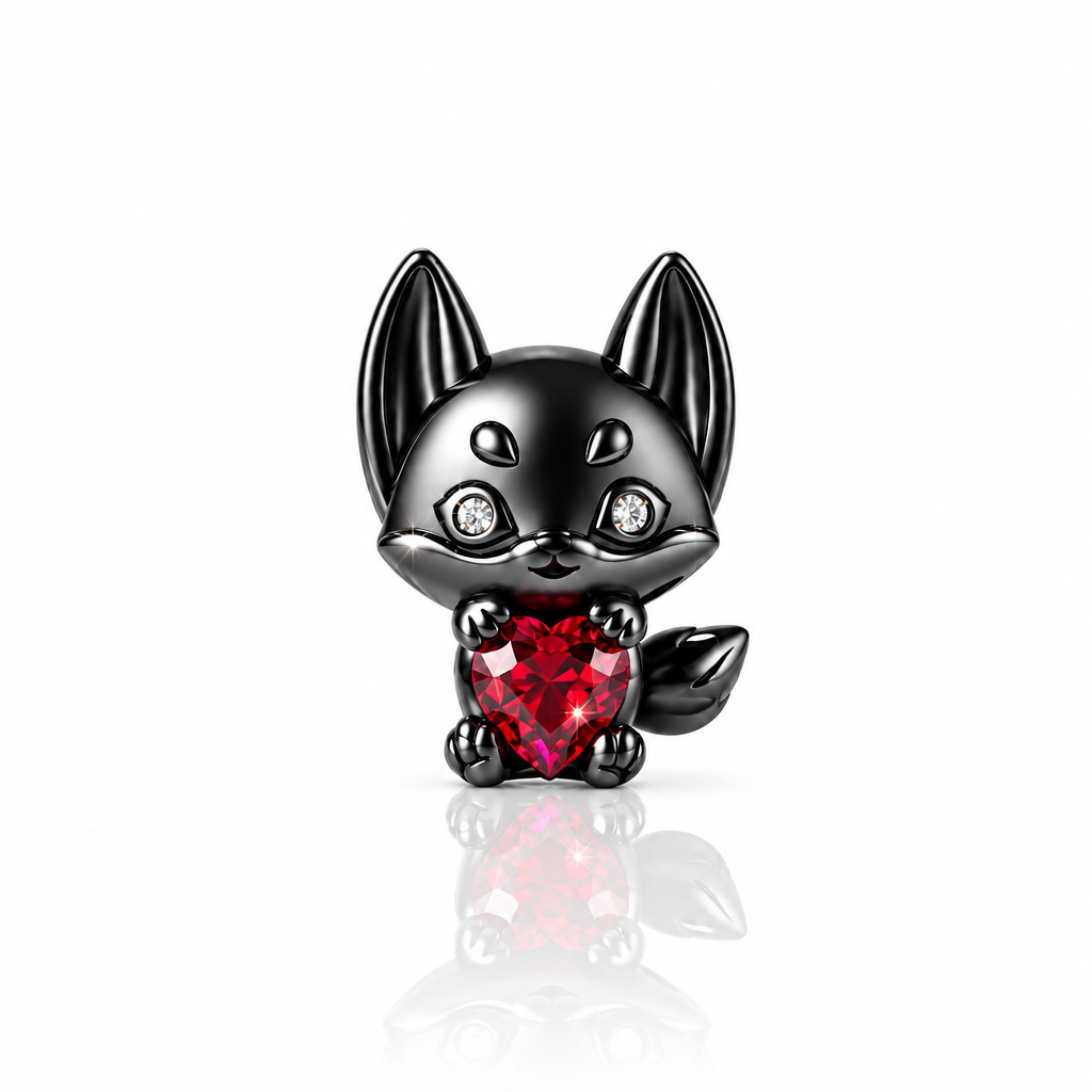 Little Black Fox with Heart Stone Charm-Black Diamonds New York