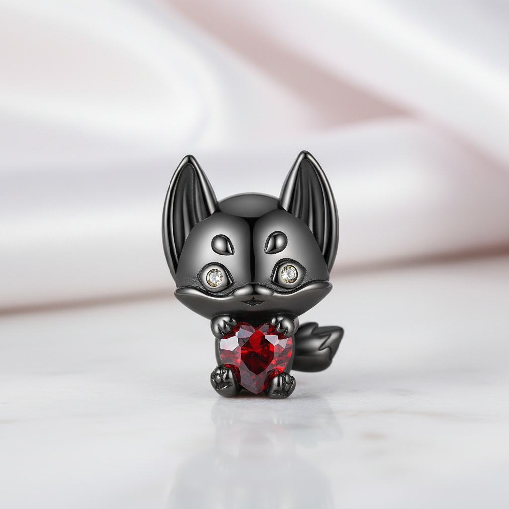 Little Black Fox with Heart Stone Charm-Black Diamonds New York