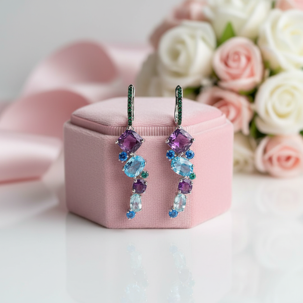 Long Drop Multi Color Topaz Earrings-Black Diamonds New York