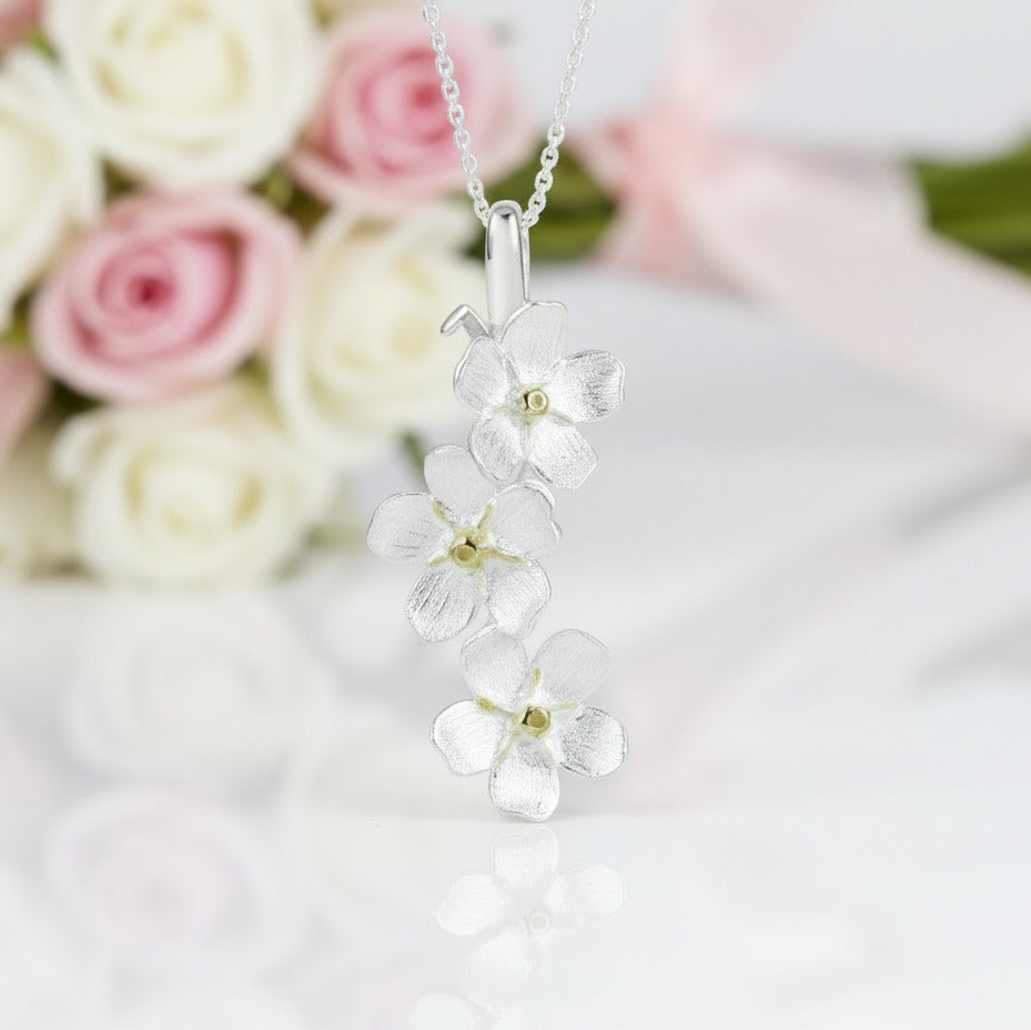 Long Elegant Forget-Me-Not Flower Necklace-Black Diamonds New York