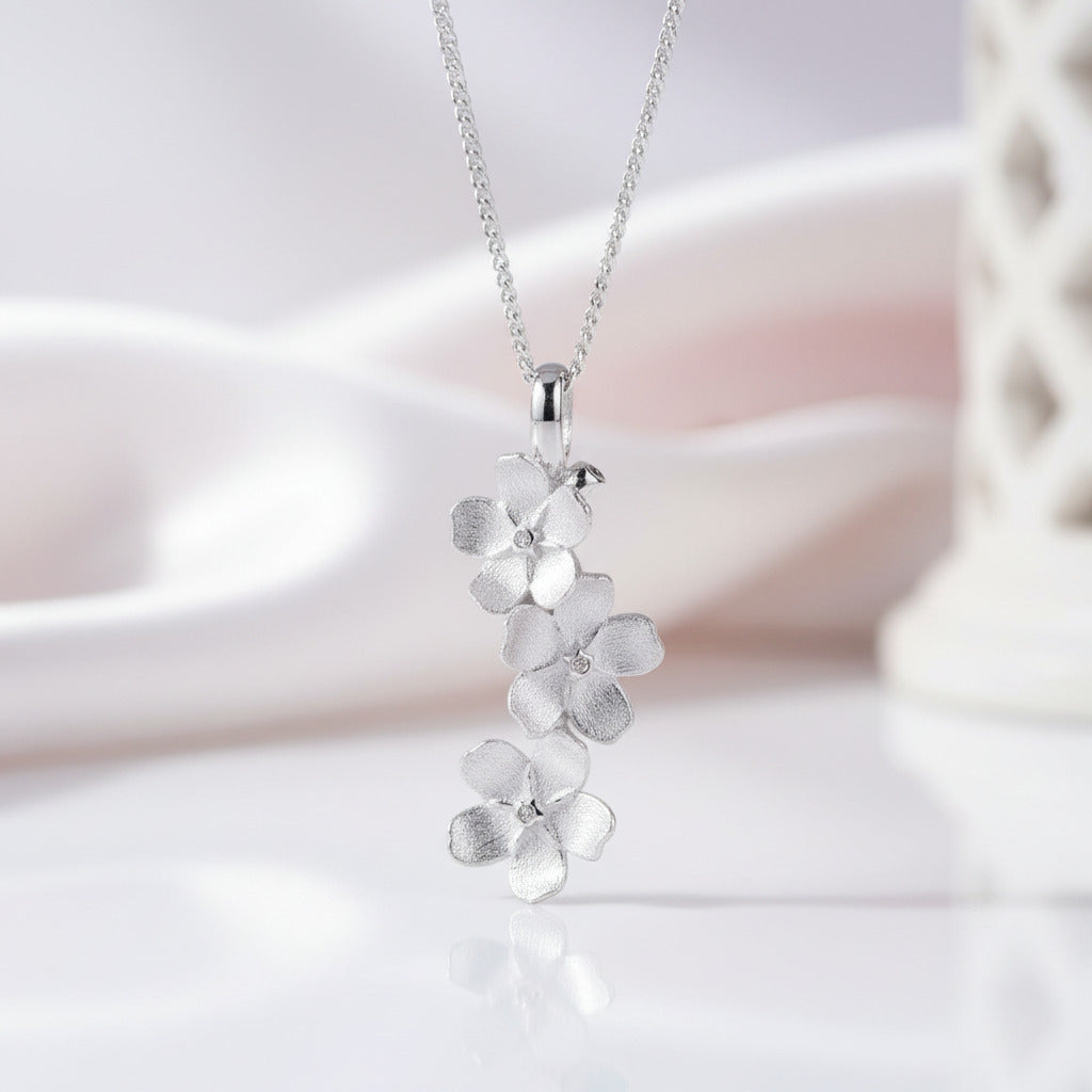 Long Elegant Forget-Me-Not Flower Necklace-Black Diamonds New York