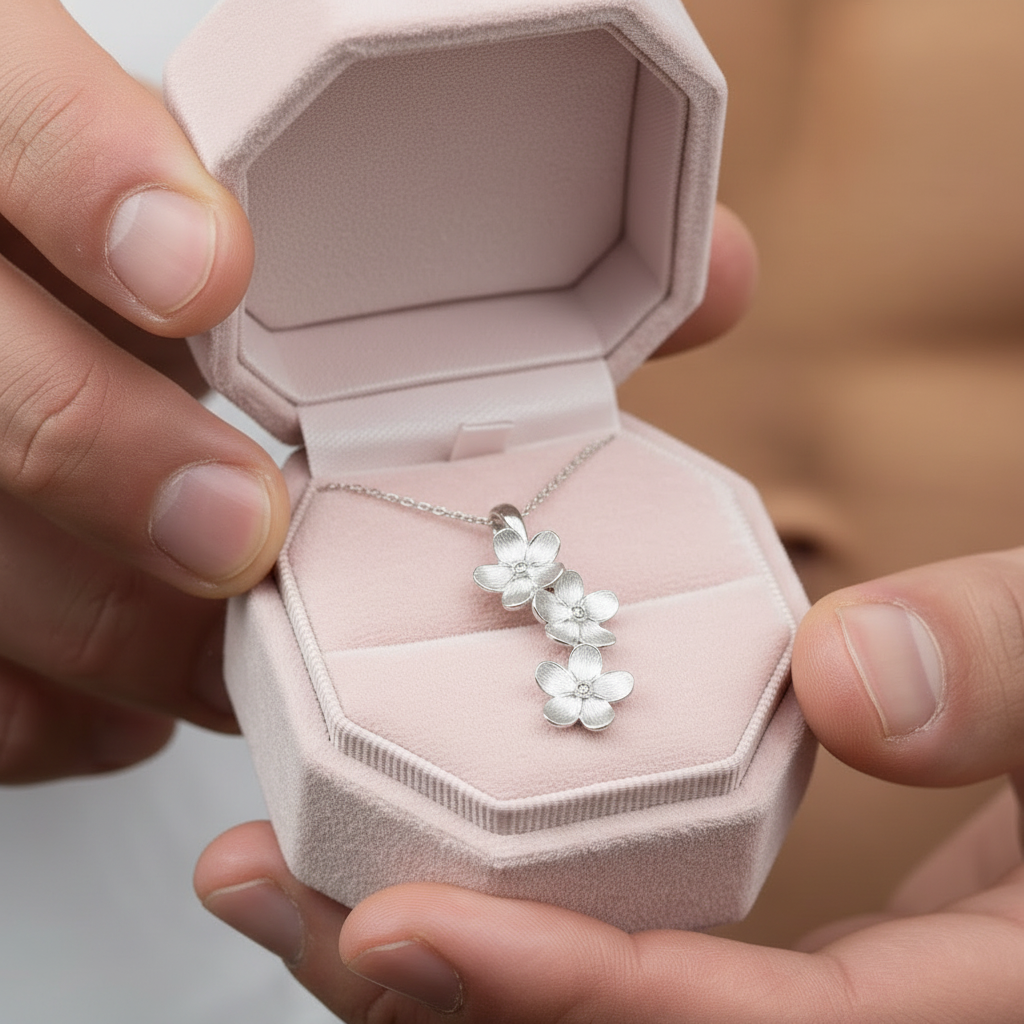 Long Elegant Forget-Me-Not Flower Necklace-Black Diamonds New York