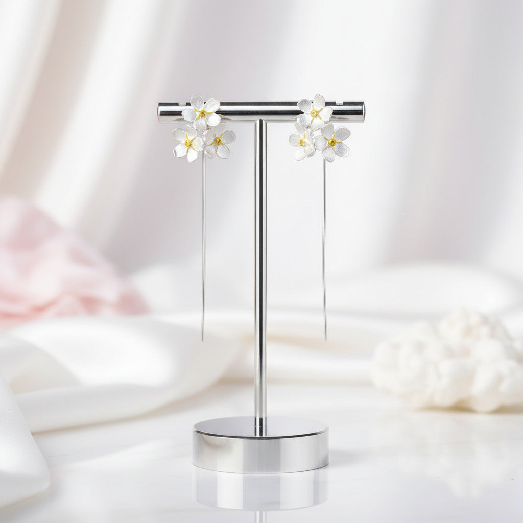 Long Hanging Elegant Forget-Me-Not Flower Dangle Earrings-Black Diamonds New York