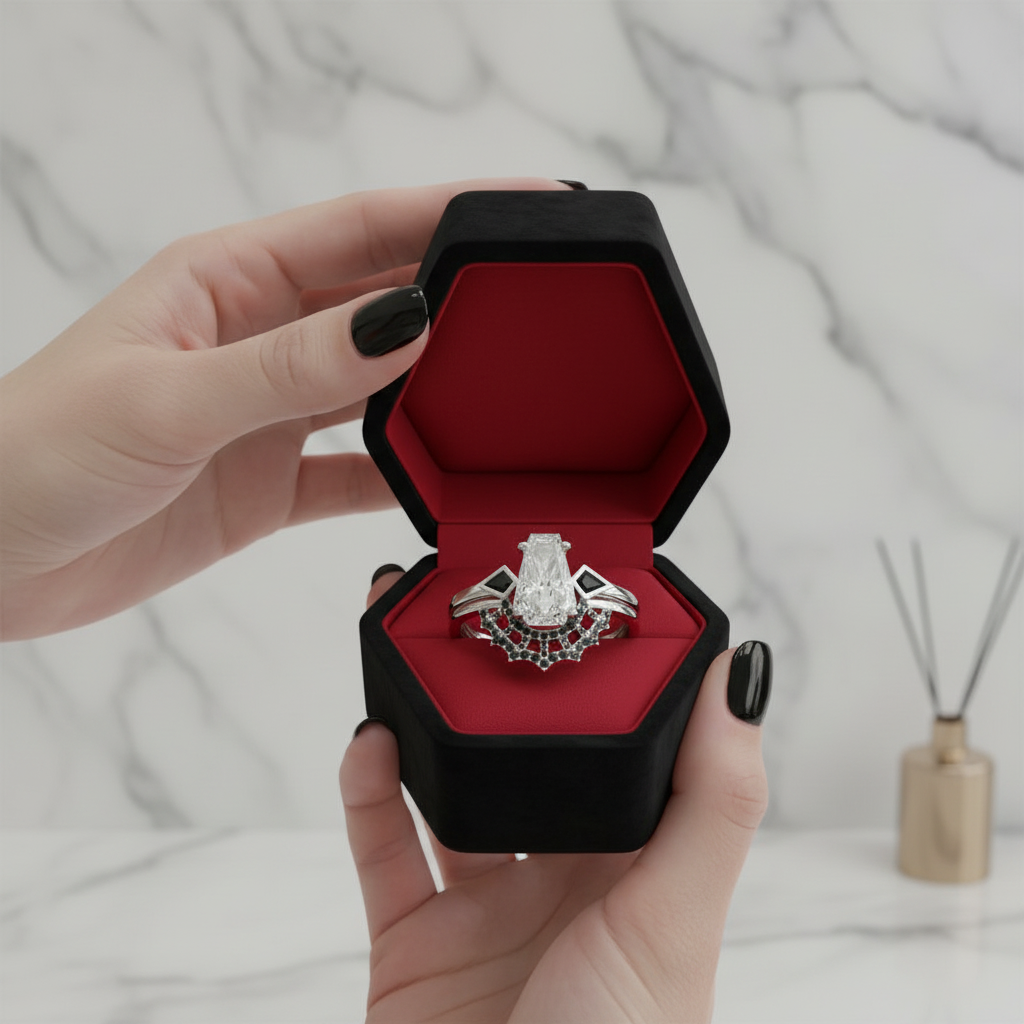 LOVE SPELL- Coffin Cut Diamond Option Spider Web Gothic Wedding Ring Set-Black Diamonds New York